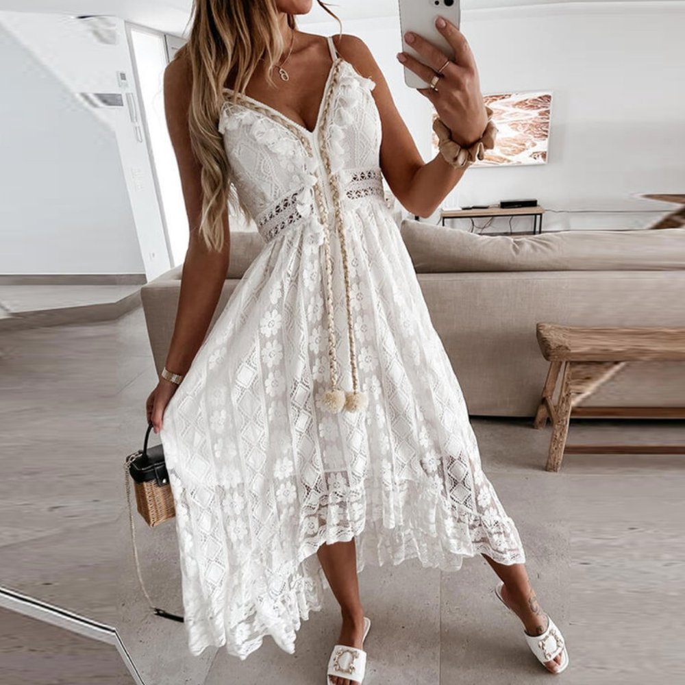 Boho White Lace Embroidered Tassel V-Neck Strapless Flowy Maxi Dress Sundress - Picture 2 of 10
